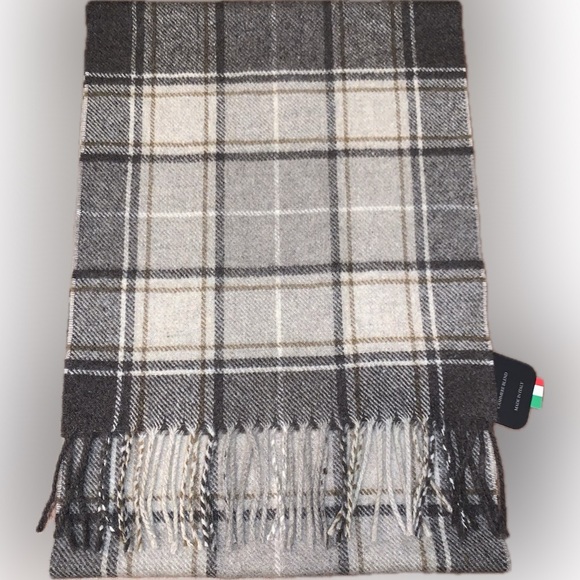 Luxe Linea Emmeti Cashmere Wool Blend Plaid Winter Scarf Made In Italy Tan Gray - Picture 1 of 4